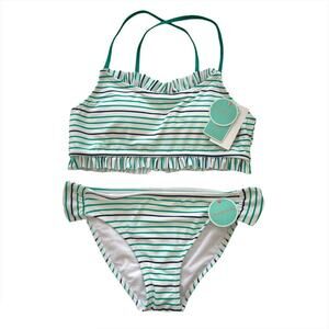 KIDS GIRLS Navy Blue Green Stripe Bikini Swim – Size 16